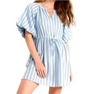 Old Navy Cotton Puff-Sleeve Blue Stripe Waist-Defined Gauzey Shirt Dress Size XL